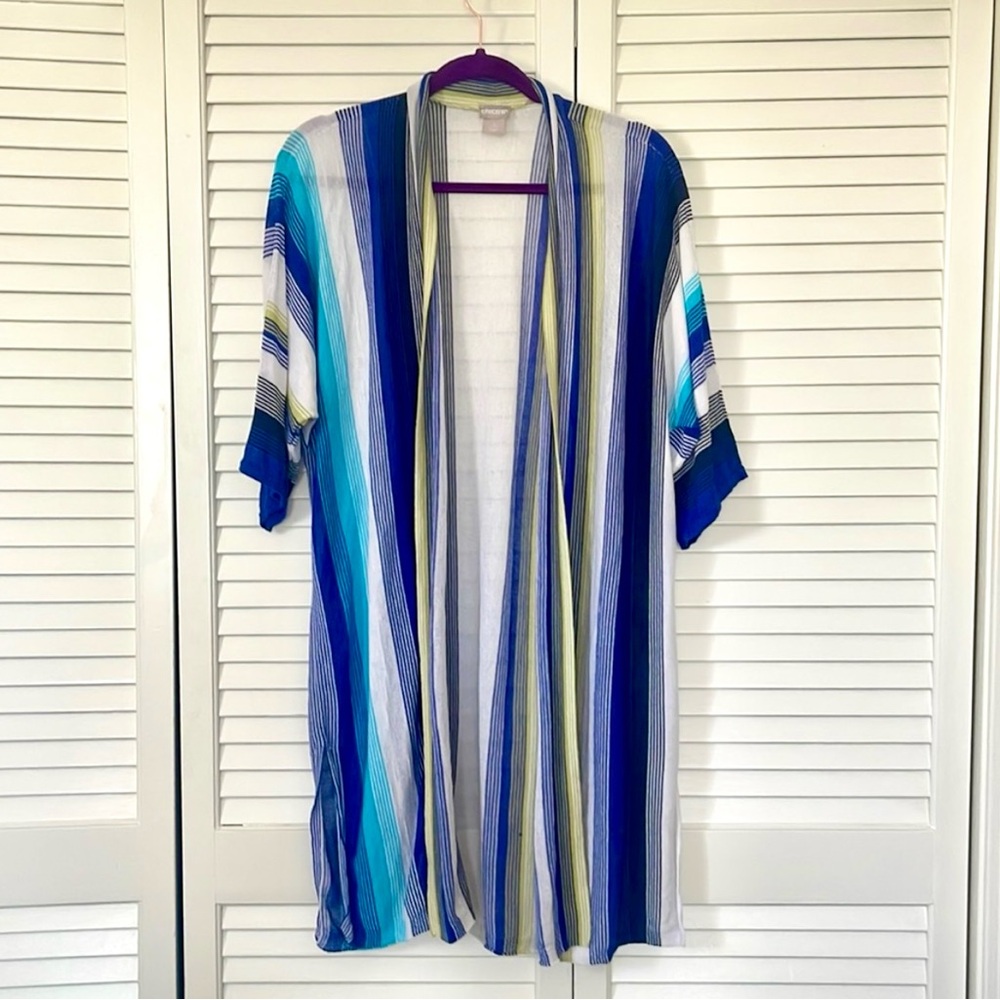 Chico's Short Sleeve Long Sweater Cardigan Blue Stripes size 2 Large Cover Up